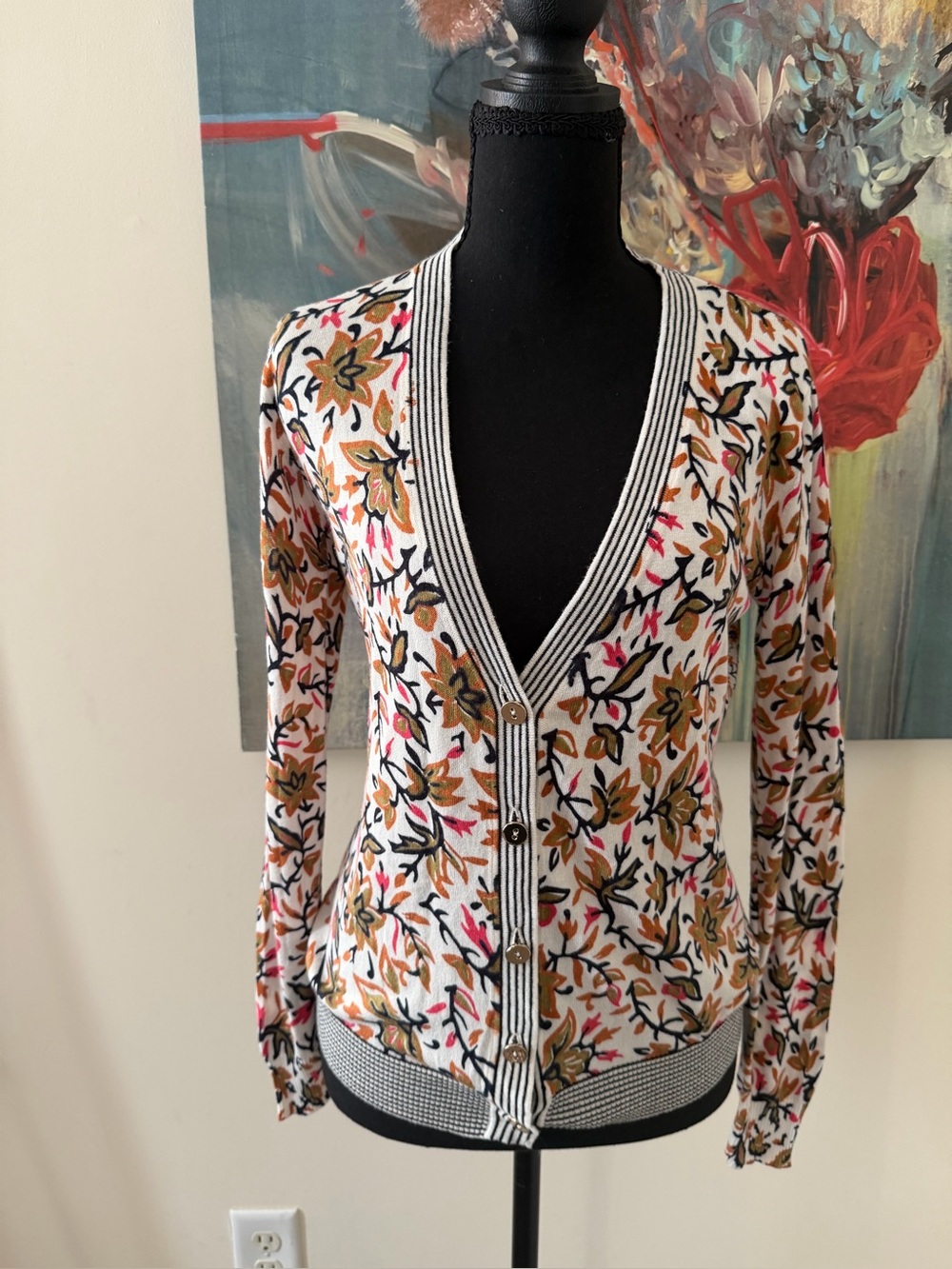 Tory Burch White Floral V-Neck Button Cardigan with Mustard and Pink Accents